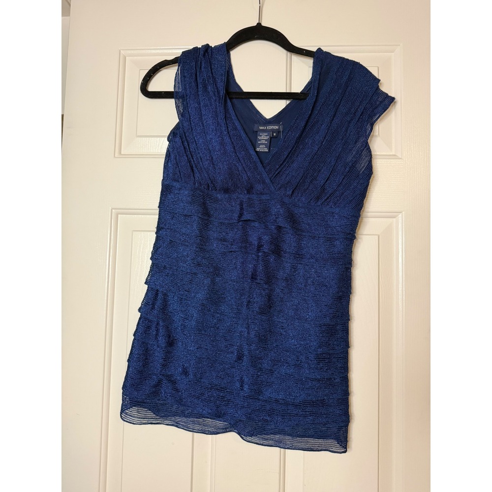 Max Edition Royal Blue Tiered Pleated V-Neck Sleeveless Blouse Metallic Top M